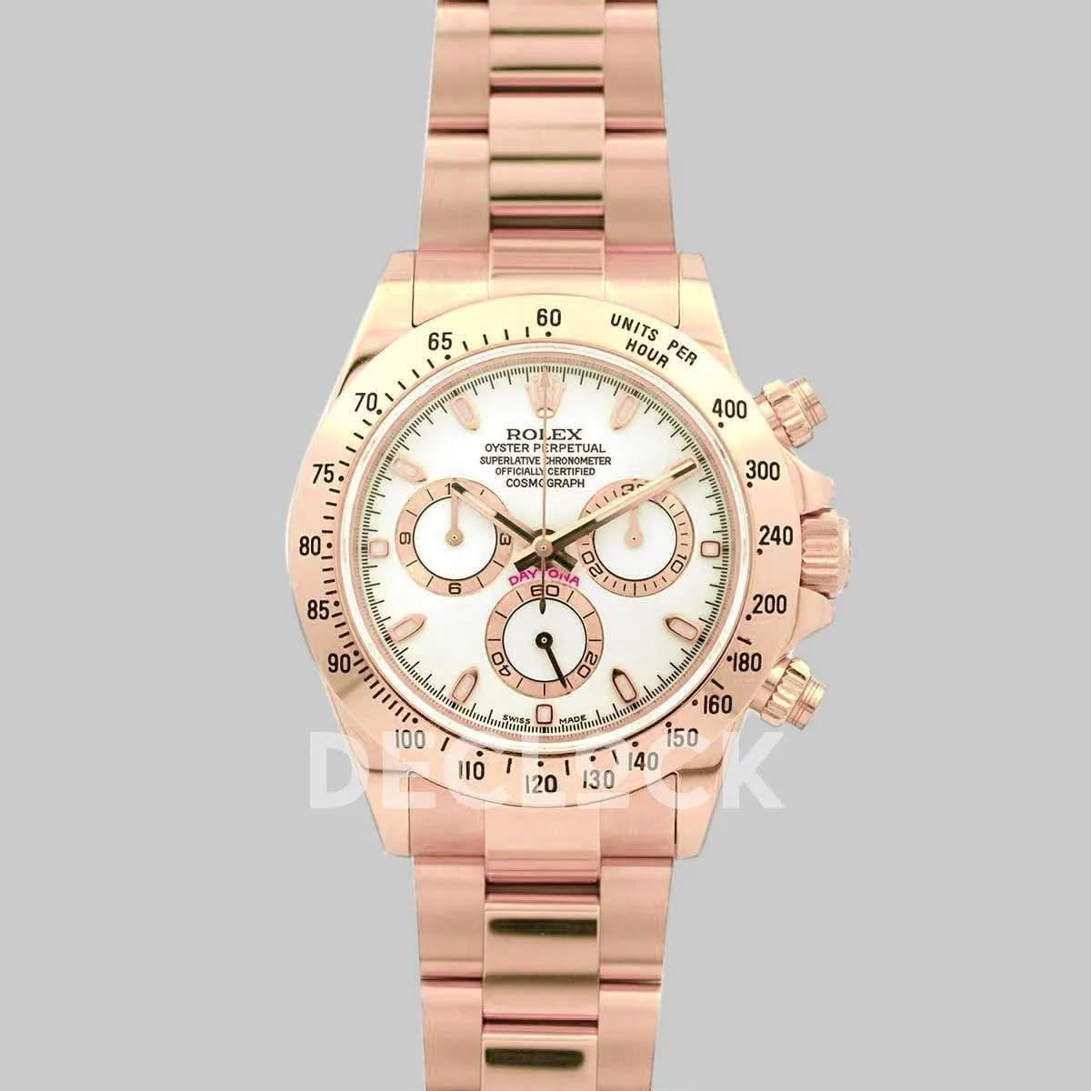 Replica Rolex Daytona 116528 White Dial with Rose Gold Bracelet |  Declock.