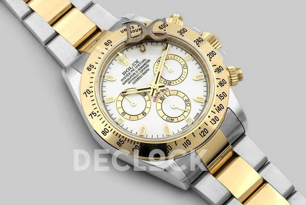Replica Rolex Daytona 116528 White Dial with Two Tone Bracelet |  Declock.