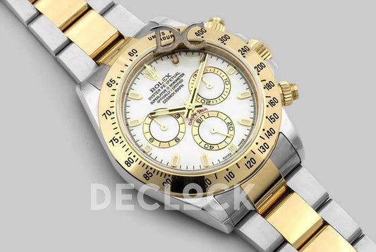 Replica Rolex Daytona 116528 White Dial with Two Tone Bracelet |  Declock.