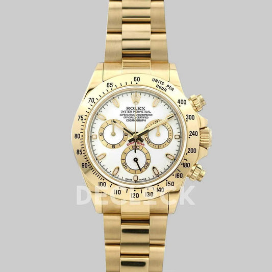 Replica Rolex Daytona 116528 White Dial with Yellow Gold Bracelet | Declock.