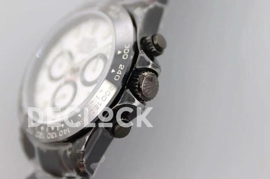Replica Rolex Daytona Blaken Black DLC Ceramic Bezel in White Dial | Declock.