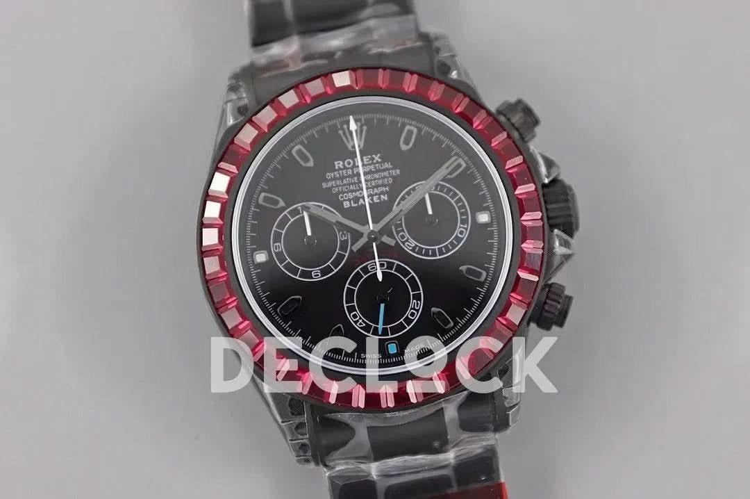 Replica Rolex Daytona Blaken Purple Diamond Bezel in Black Dial |  Declock.
