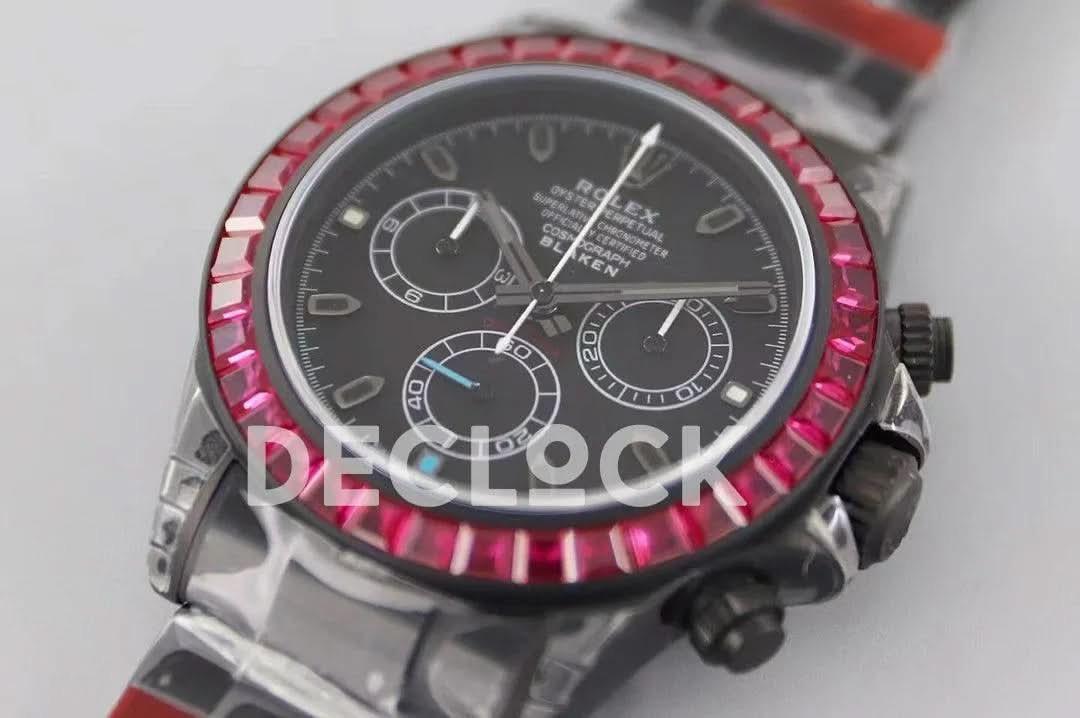 Replica Rolex Daytona Blaken Purple Diamond Bezel in Black Dial |  Declock.