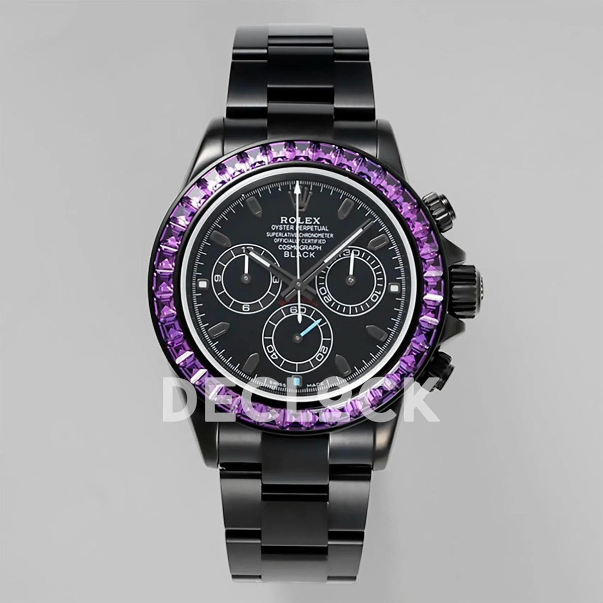 Replica Rolex Daytona Blaken Purple Diamonds Bezel Black Dial on PVD Bracelet |  Declock.
