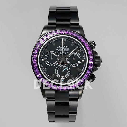 Replica Rolex Daytona Blaken Purple Diamonds Bezel Black Dial on PVD Bracelet |  Declock.