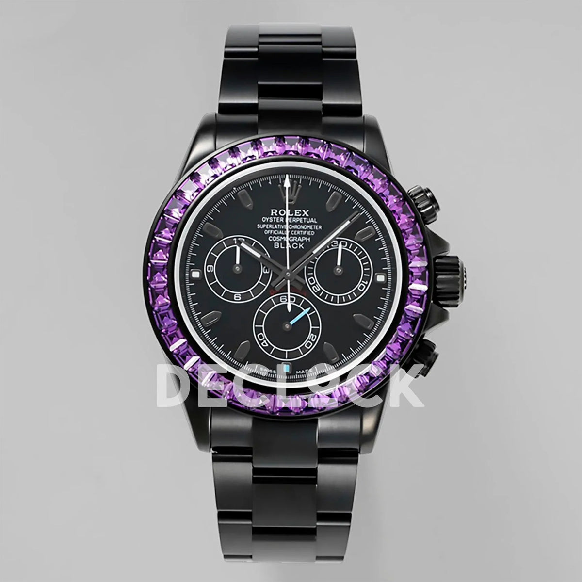 Replica Rolex Daytona Blaken Purple Diamonds Bezel Black Dial on PVD Bracelet