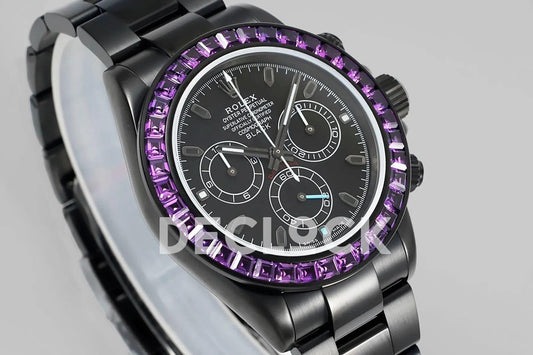Replica Rolex Daytona Blaken Purple Diamonds Bezel Black Dial on PVD Bracelet |  Declock.