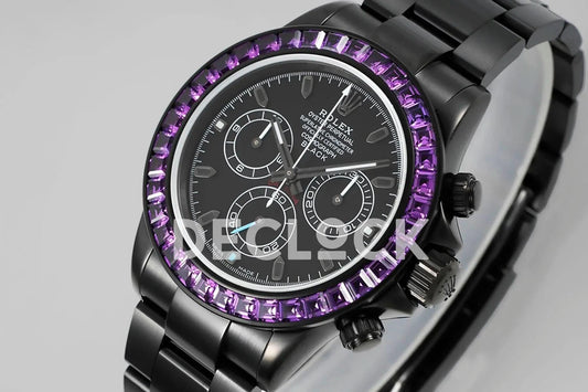Replica Rolex Daytona Blaken Purple Diamonds Bezel Black Dial on PVD Bracelet | Declock.