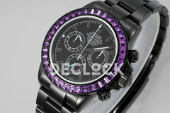 Replica Rolex Daytona Blaken Purple Diamonds Bezel Black Dial on PVD Bracelet