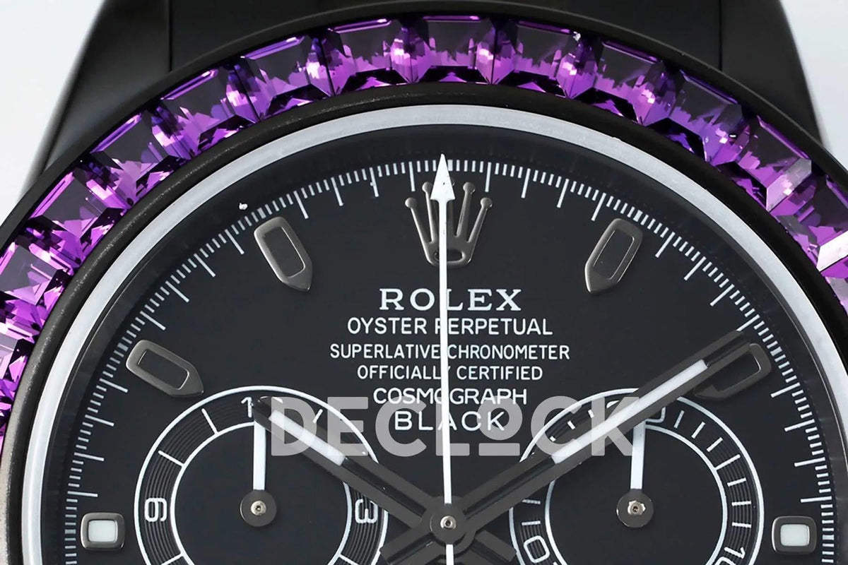 Replica Rolex Daytona Blaken Purple Diamonds Bezel Black Dial on PVD Bracelet |  Declock.