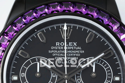 Replica Rolex Daytona Blaken Purple Diamonds Bezel Black Dial on PVD Bracelet |  Declock.