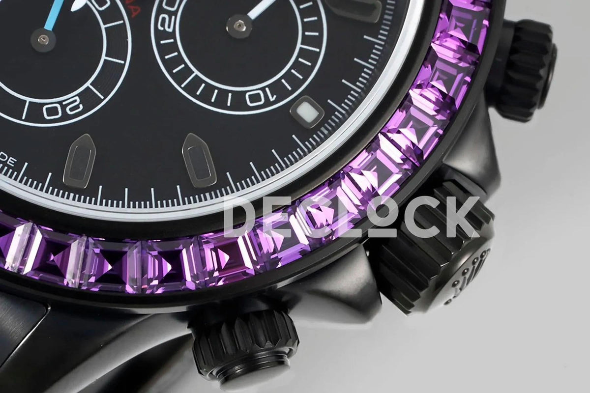Replica Rolex Daytona Blaken Purple Diamonds Bezel Black Dial on PVD Bracelet |  Declock.