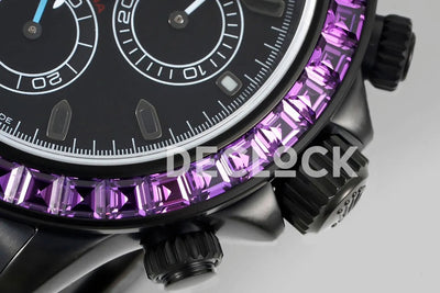 Replica Rolex Daytona Blaken Purple Diamonds Bezel Black Dial on PVD Bracelet