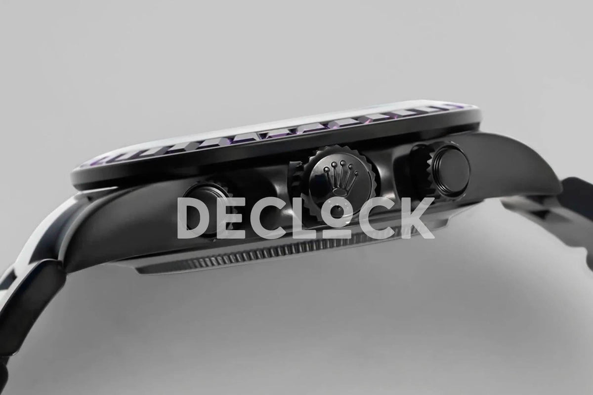 Replica Rolex Daytona Blaken Purple Diamonds Bezel Black Dial on PVD Bracelet |  Declock.