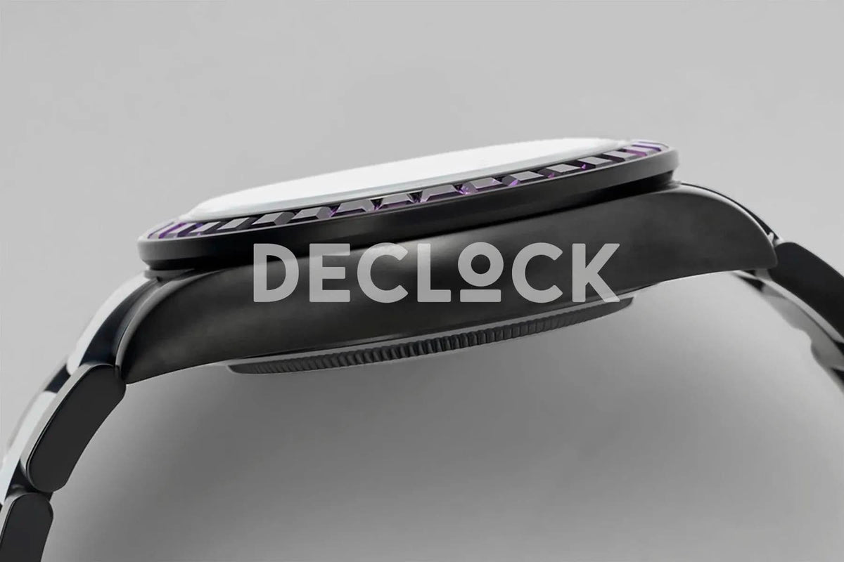 Replica Rolex Daytona Blaken Purple Diamonds Bezel Black Dial on PVD Bracelet |  Declock.