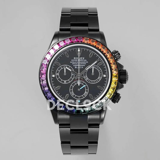 Replica Rolex Daytona Blaken Rainbow Diamonds Bezel Black Dial on PVD Bracelet |  Declock.