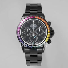 Replica Rolex Daytona Blaken Rainbow Diamonds Bezel Black Dial on PVD Bracelet