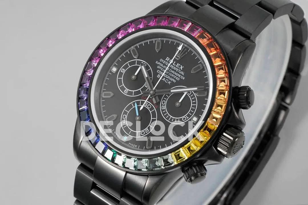 Replica Rolex Daytona Blaken Rainbow Diamonds Bezel Black Dial on PVD Bracelet |  Declock.