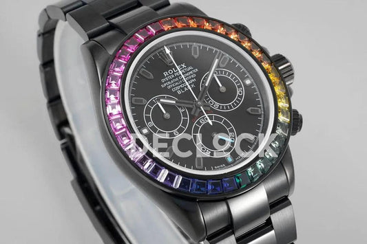 Replica Rolex Daytona Blaken Rainbow Diamonds Bezel Black Dial on PVD Bracelet | Declock.
