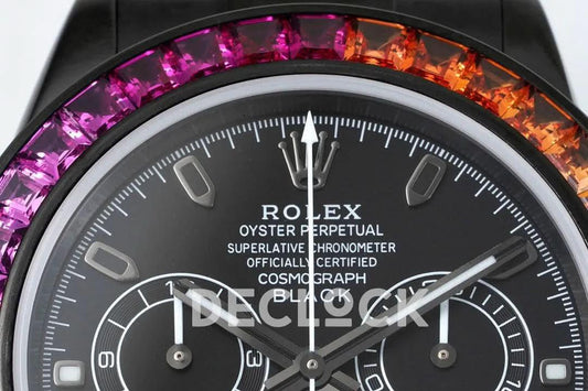 Replica Rolex Daytona Blaken Rainbow Diamonds Bezel Black Dial on PVD Bracelet | Declock.