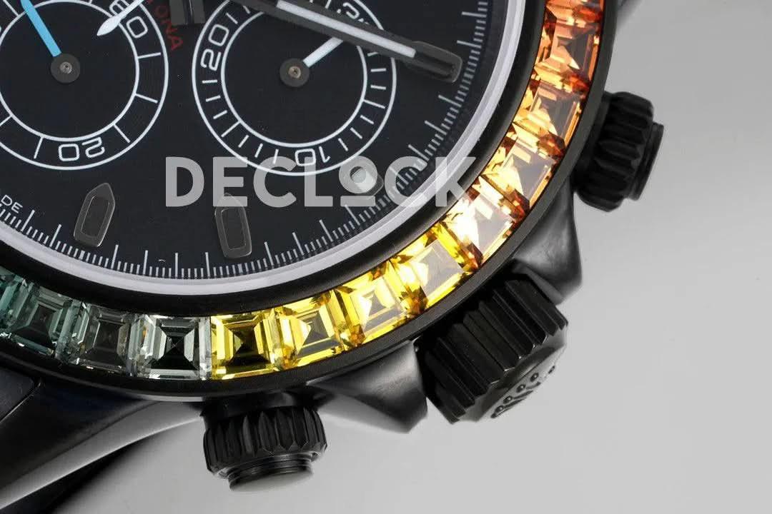 Replica Rolex Daytona Blaken Rainbow Diamonds Bezel Black Dial on PVD Bracelet |  Declock.