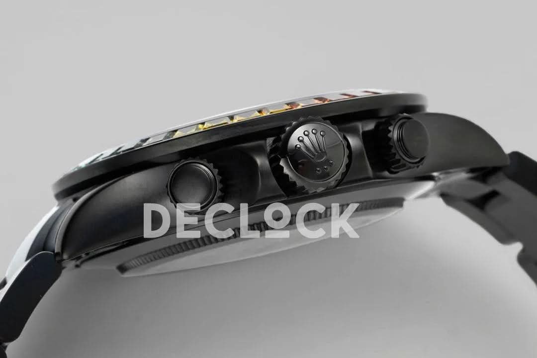 Replica Rolex Daytona Blaken Rainbow Diamonds Bezel Black Dial on PVD Bracelet
