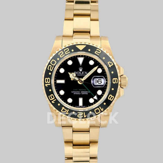 Replica Rolex GMT Master II 116718LN in Yellow Gold | Declock.