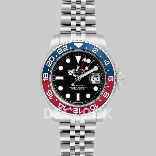 Replica Rolex GMT Master II 126710 BLRO "Pepsi" Black Dial in Jubilee | Declock.