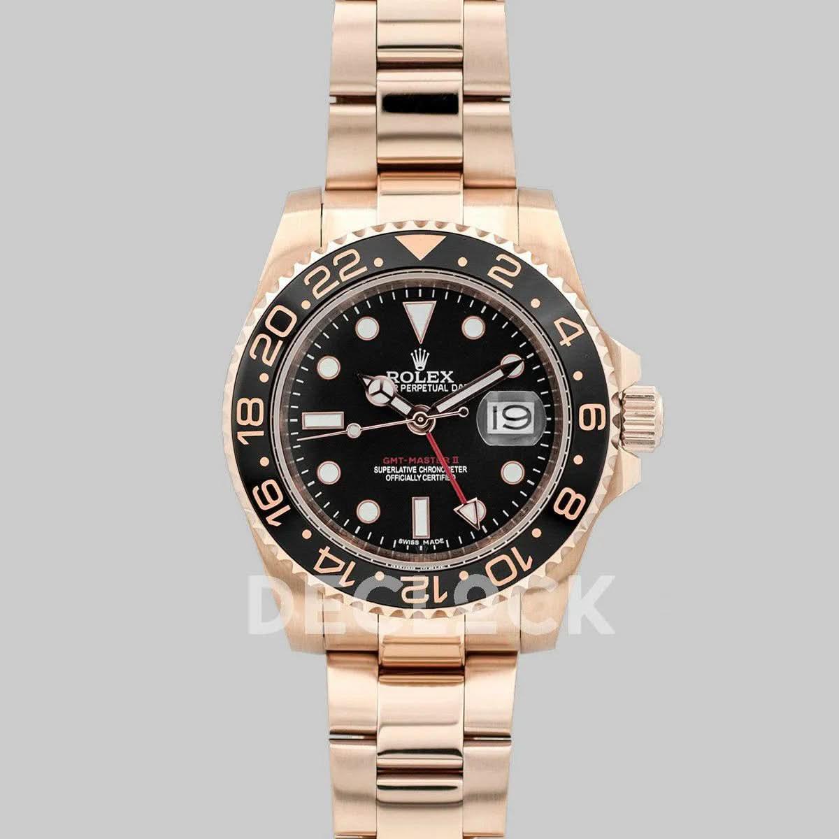 Replica Rolex GMT Master II in Rose Gold on Bracelet |  Declock.