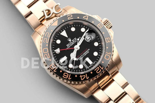 Replica Rolex GMT Master II in Rose Gold on Bracelet | Declock.