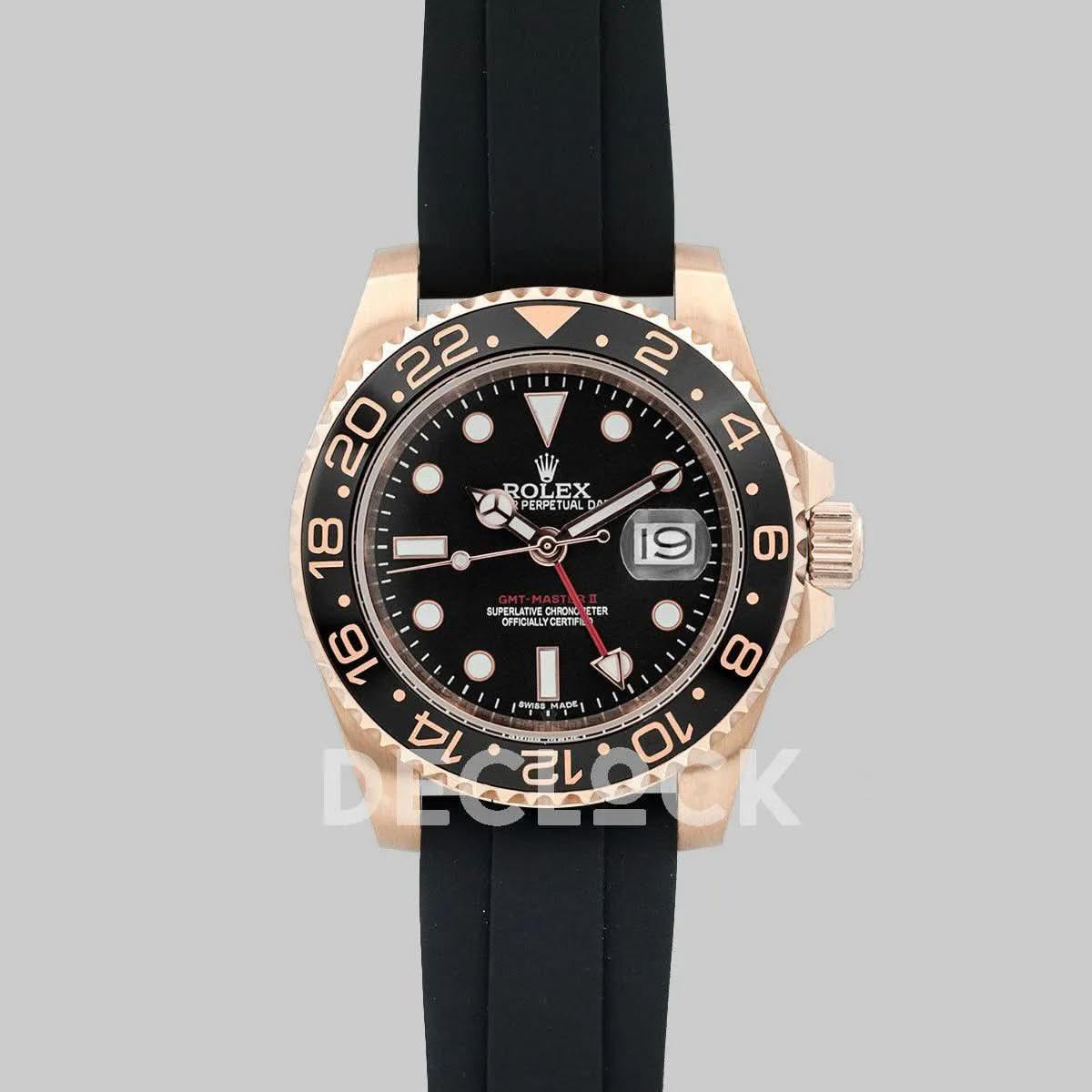 Replica Rolex GMT Master II in Rose Gold on Rubber Strap |  Declock.