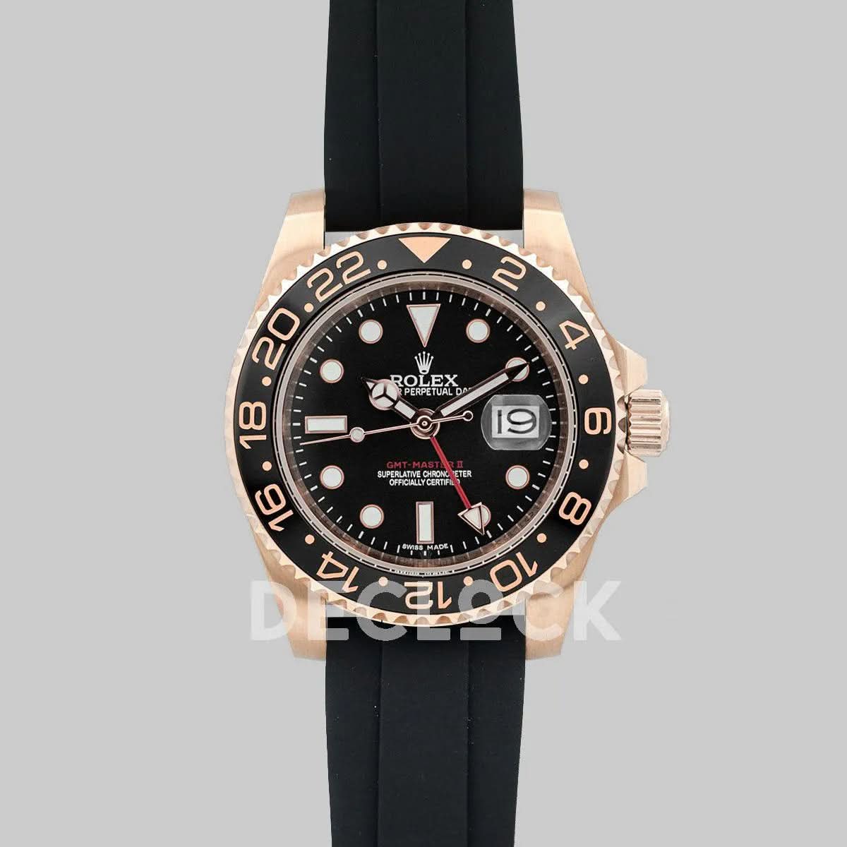 Replica Rolex GMT Master II in Rose Gold on Rubber Strap
