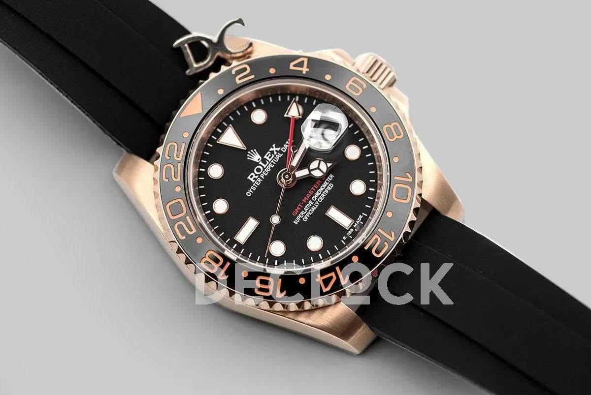 Replica Rolex GMT Master II in Rose Gold on Rubber Strap |  Declock.