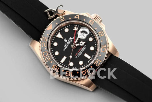Replica Rolex GMT Master II in Rose Gold on Rubber Strap | Declock.