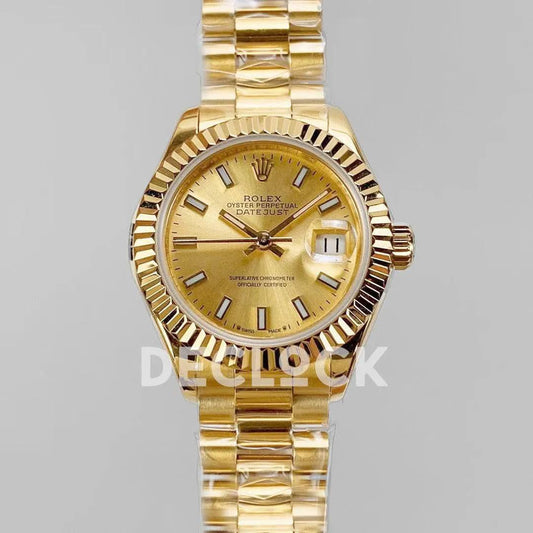 Replica Rolex Ladies Datejust 28 279178 Gold in Presidnet Bracelet with Stick Markers | Declock.