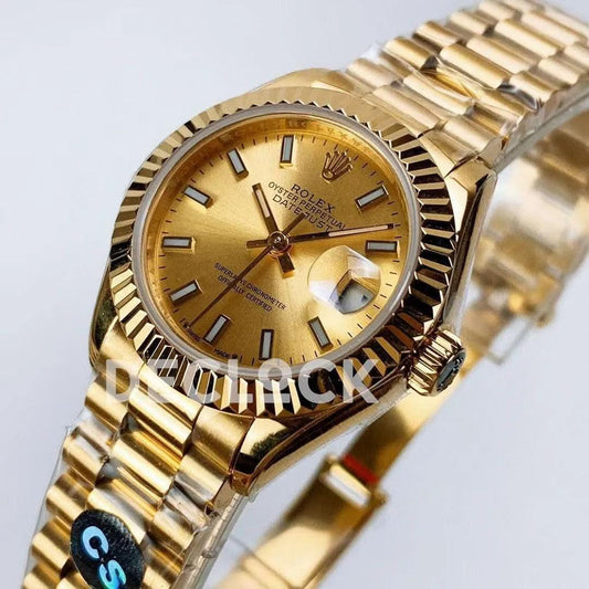 Replica Rolex Ladies Datejust 28 279178 Gold in Presidnet Bracelet with Stick Markers | Declock.