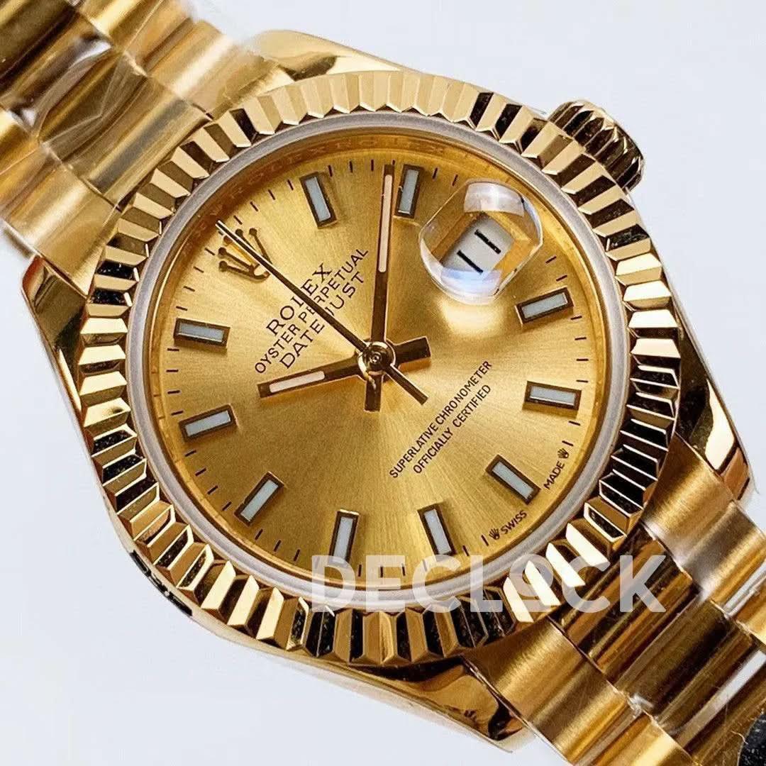 Replica Rolex Ladies Datejust 28 279178 Gold in Presidnet Bracelet with Stick Markers |  Declock.