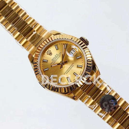 Replica Rolex Ladies Datejust 28 279178 Gold in Presidnet Bracelet with Stick Markers | Declock.