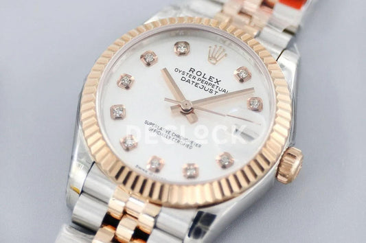 Replica Rolex Ladies Datejust 31 278271 White Dial in Everose Gold with Diamond Markers | Declock.