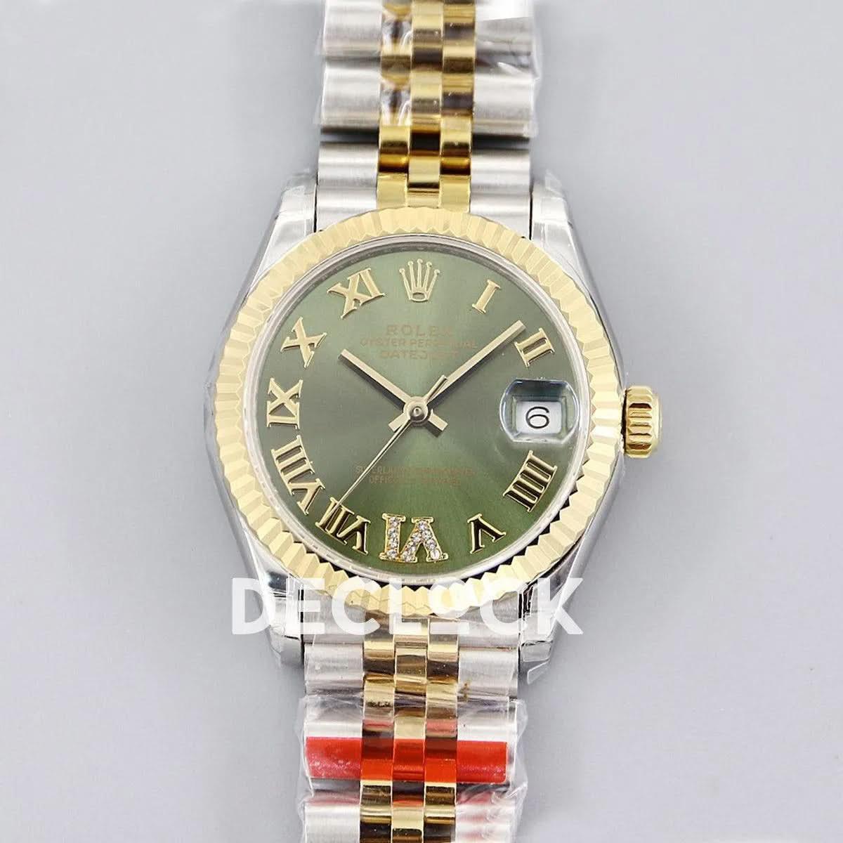 Replica Rolex Ladies Datejust 31 278273 Green Dial in Yellow Gold with Roman Markers |  Declock.