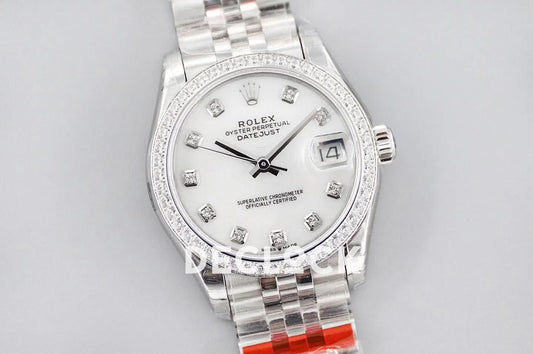 Replica Rolex Ladies Datejust 31 278384 White Dial in White Gold with Diamond Markers |  Declock.