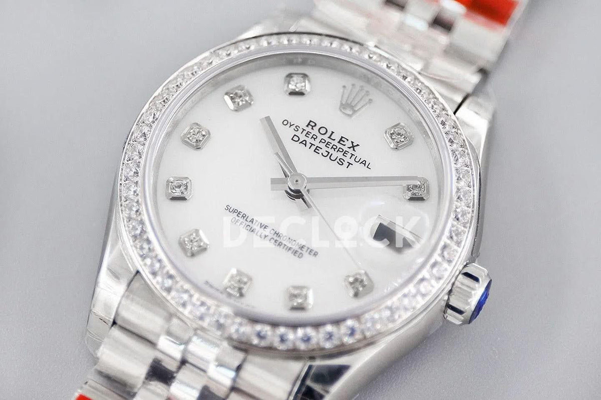Replica Rolex Ladies Datejust 31 278384 White Dial in White Gold with Diamond Markers |  Declock.