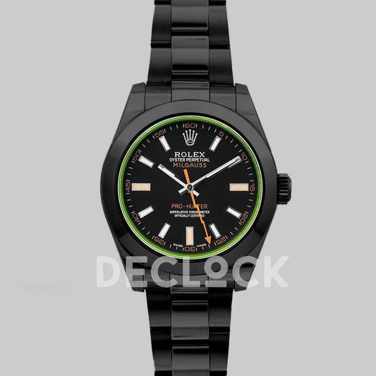 Replica Rolex Milgauss 116400 GV Black Dial in Black DLC |  Declock.