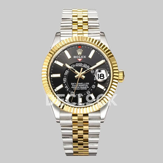 Replica Rolex Sky Dweller 2-Toned in Black Dial on Jubilee Bracelet | Declock.