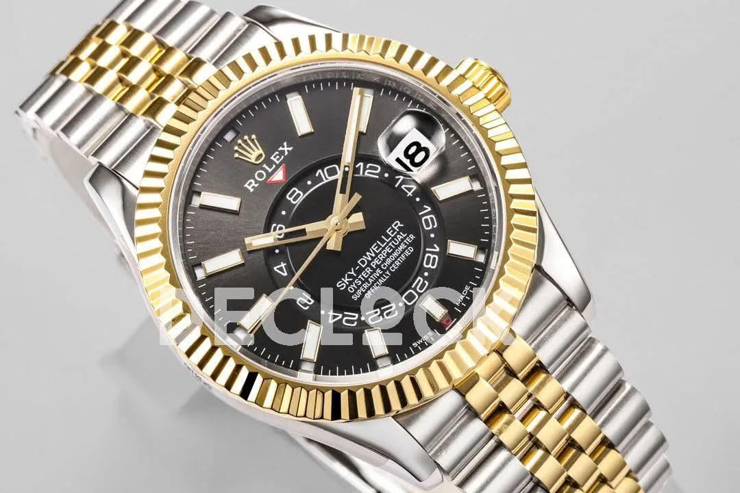 Replica Rolex Sky Dweller 2-Toned in Black Dial on Jubilee Bracelet |  Declock.