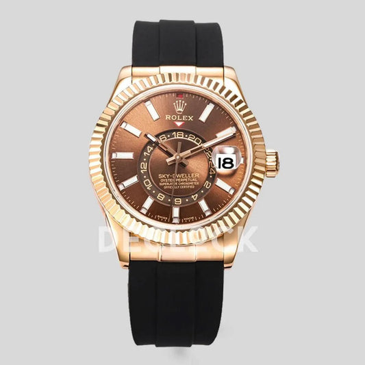 Replica Rolex Sky Dweller Rose Gold in Brown Dial on Black Rubber Strap | Declock.