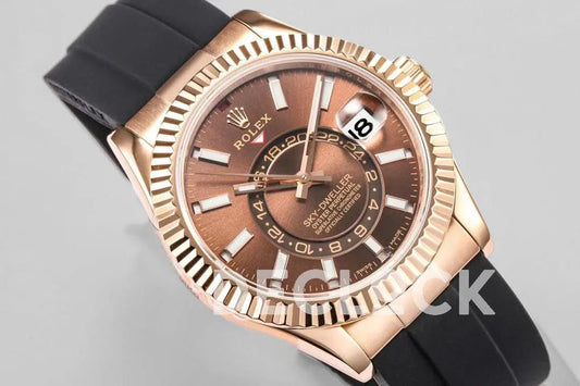 Replica Rolex Sky Dweller Rose Gold in Brown Dial on Black Rubber Strap | Declock.