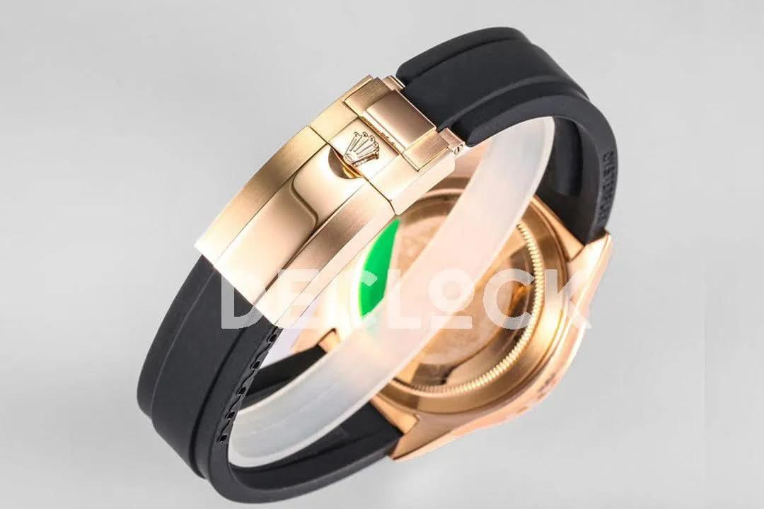 Replica Rolex Sky Dweller Rose Gold in Brown Dial on Black Rubber Strap |  Declock.