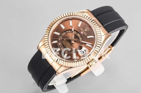 Replica Rolex Sky Dweller Rose Gold in Brown Dial on Black Rubber Strap |  Declock.