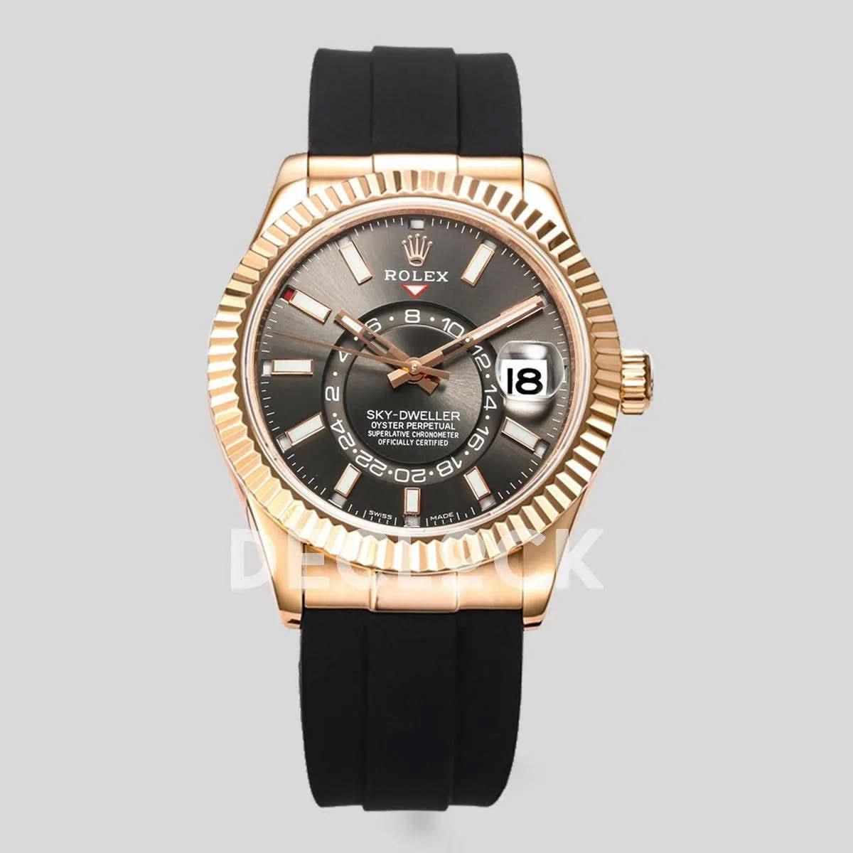 Replica Rolex Sky Dweller Rose Gold in Gray Dial on Black Rubber Strap |  Declock.